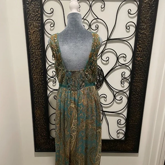 Anthropologie Green and Gold Paisley Print Maxi Dress Size  8 - Picture 3 of 3